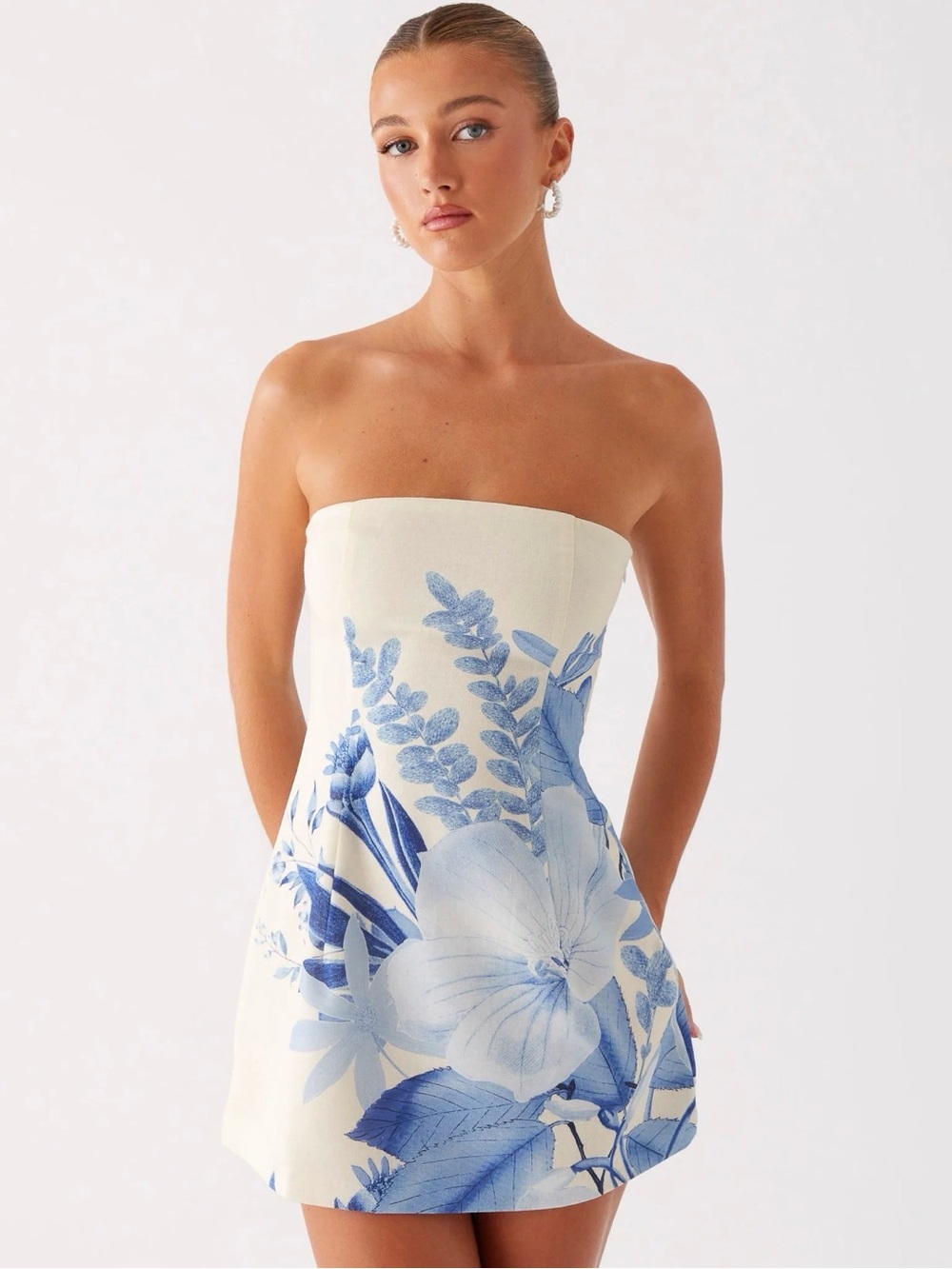 Peppermayo Strapless Floral Mini Dress in Ivory and Blue